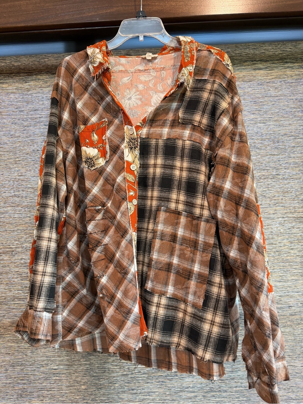 POL Brown Plaid Button-Down Shirt with Orange Floral Trim
